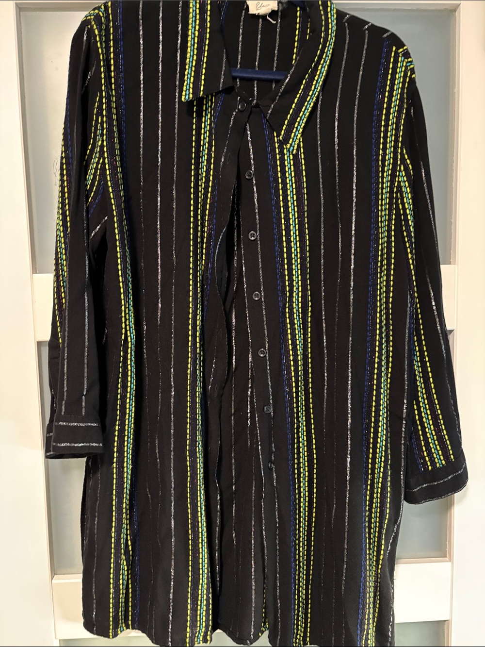 Elan Black Button-Down Shirt with Yellow-Green and Blue Stripes
